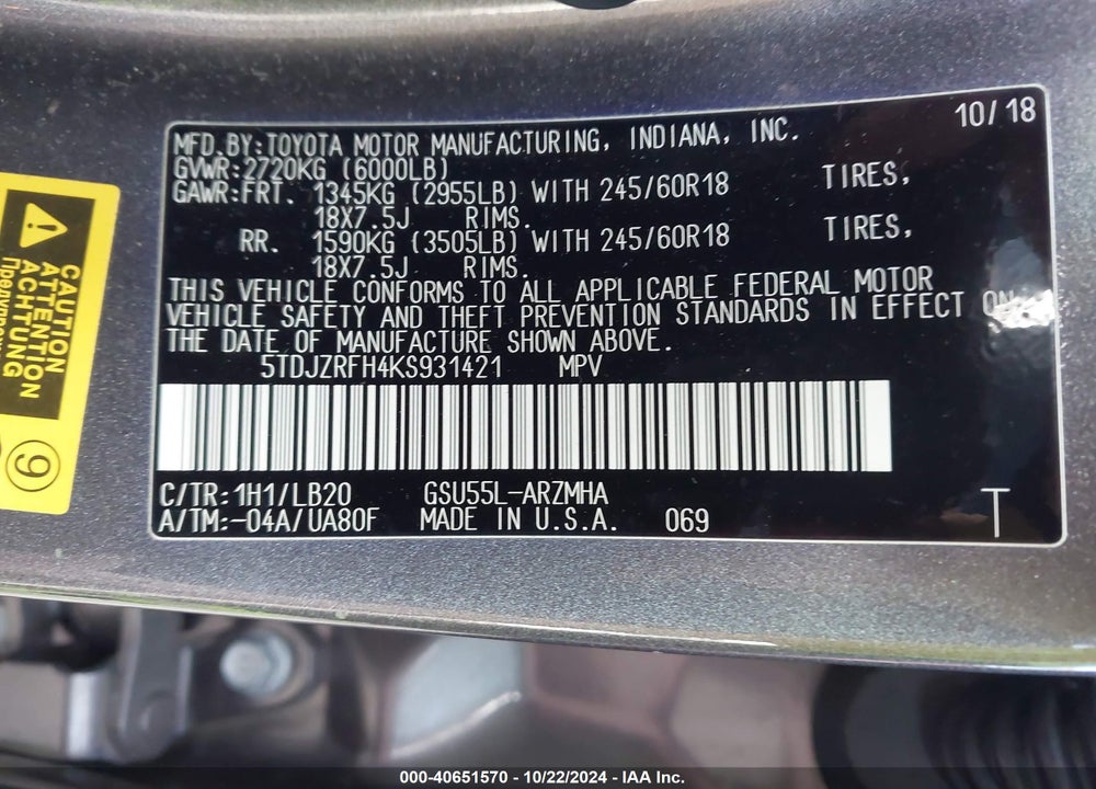 2019 TOYOTA HIGHLANDER XLE VIN: 5TDJZRFH4KS931421