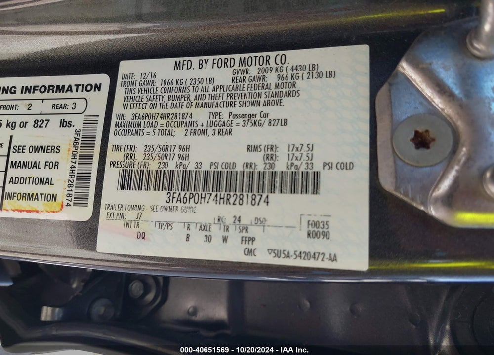 2017 FORD FUSION SE VIN: 3FA6P0H74HR281874