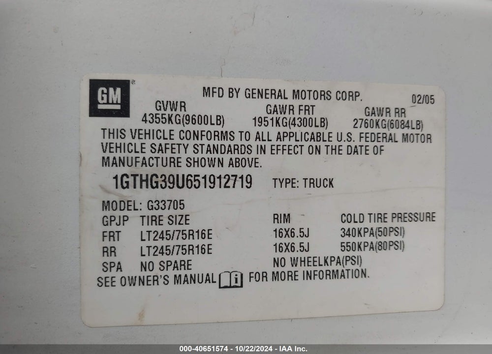 2005 GMC SAVANA STANDARD VIN: 1GTHG39U651912719