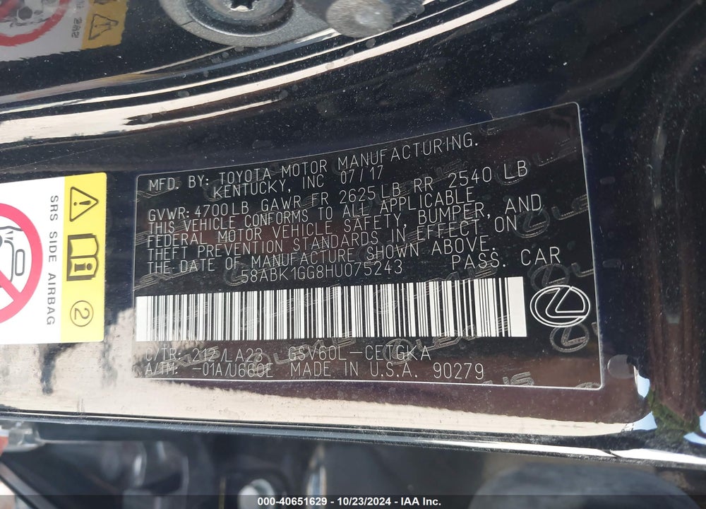 2017 LEXUS ES 350 VIN: 58ABK1GG8HU075243