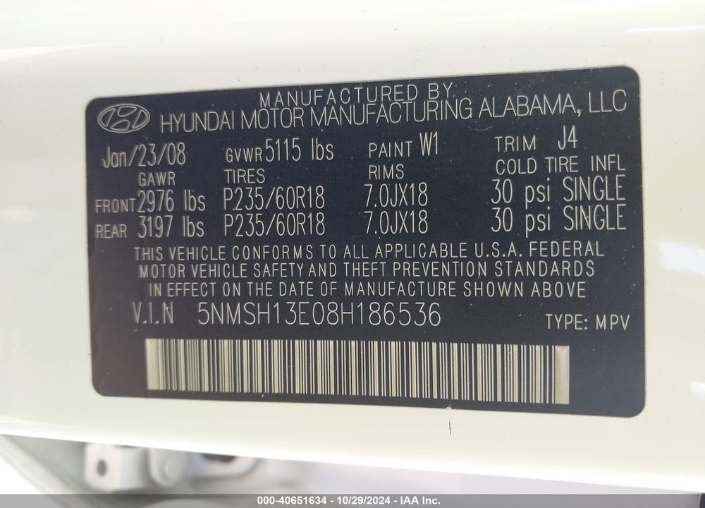 2008 HYUNDAI SANTA FE LIMITED/SE VIN: 5NMSH13E08H186536