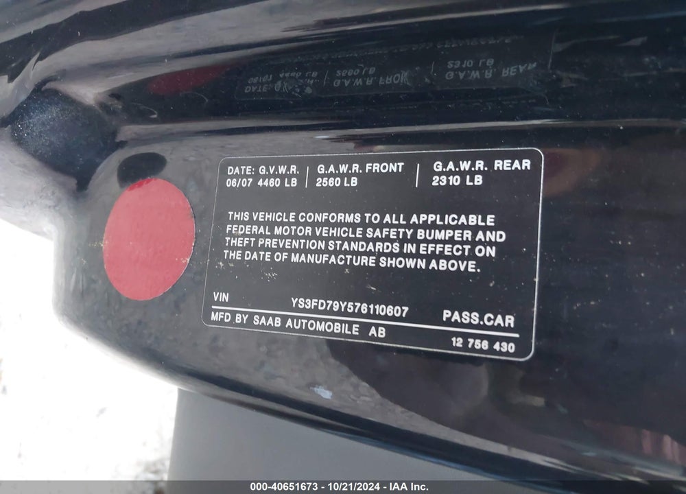 2007 SAAB 9-3 2.0T VIN: YS3FD79Y576110607