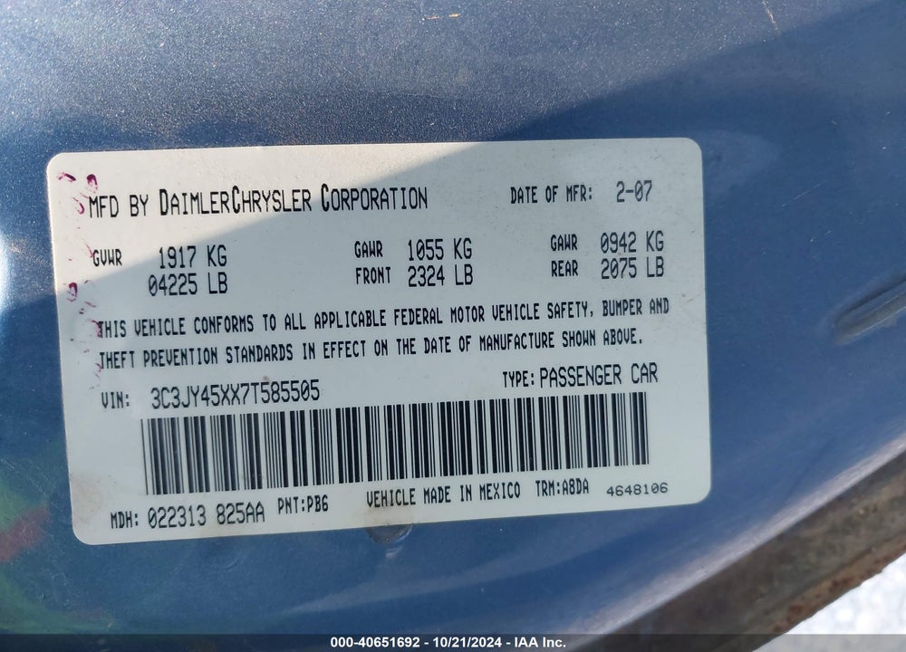 2007 CHRYSLER PT CRUISER VIN: 3C3JY45XX7T585505