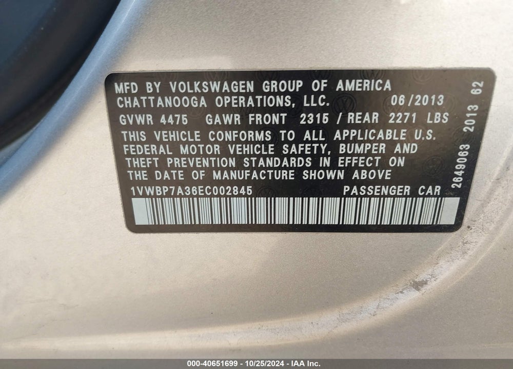 2014 VOLKSWAGEN PASSAT 2.5L SE VIN: 1VWBP7A36EC002845