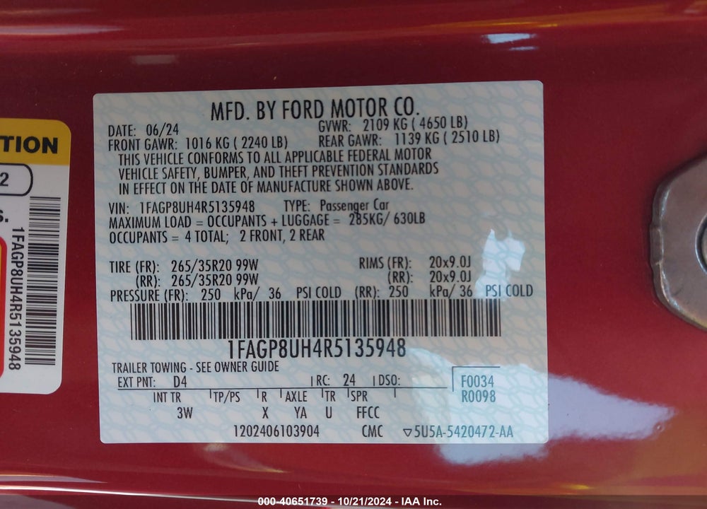 2024 FORD MUSTANG ECOBOOST PREMIUM VIN: 1FAGP8UH4R5135948