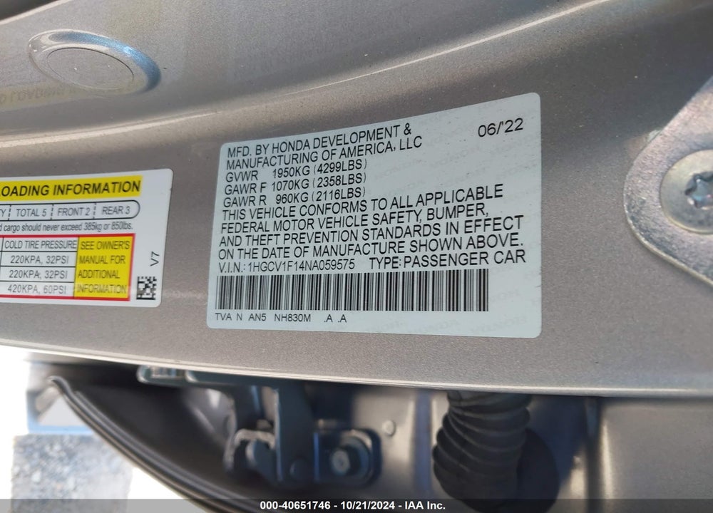 2022 HONDA ACCORD LX VIN: 1HGCV1F14NA059575
