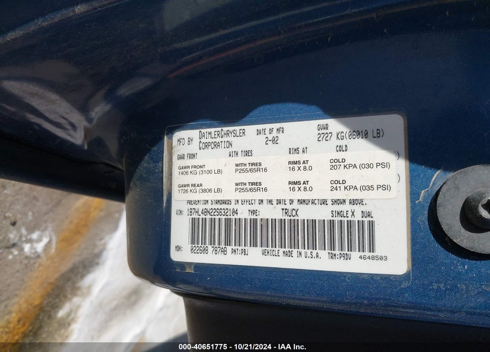 2002 DODGE DAKOTA SLT VIN: 1B7HL48N22S632104