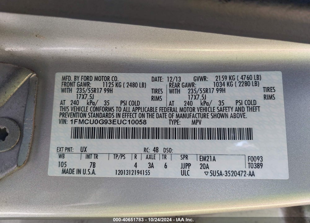 2014 FORD ESCAPE SE VIN: 1FMCU0G93EUC10058