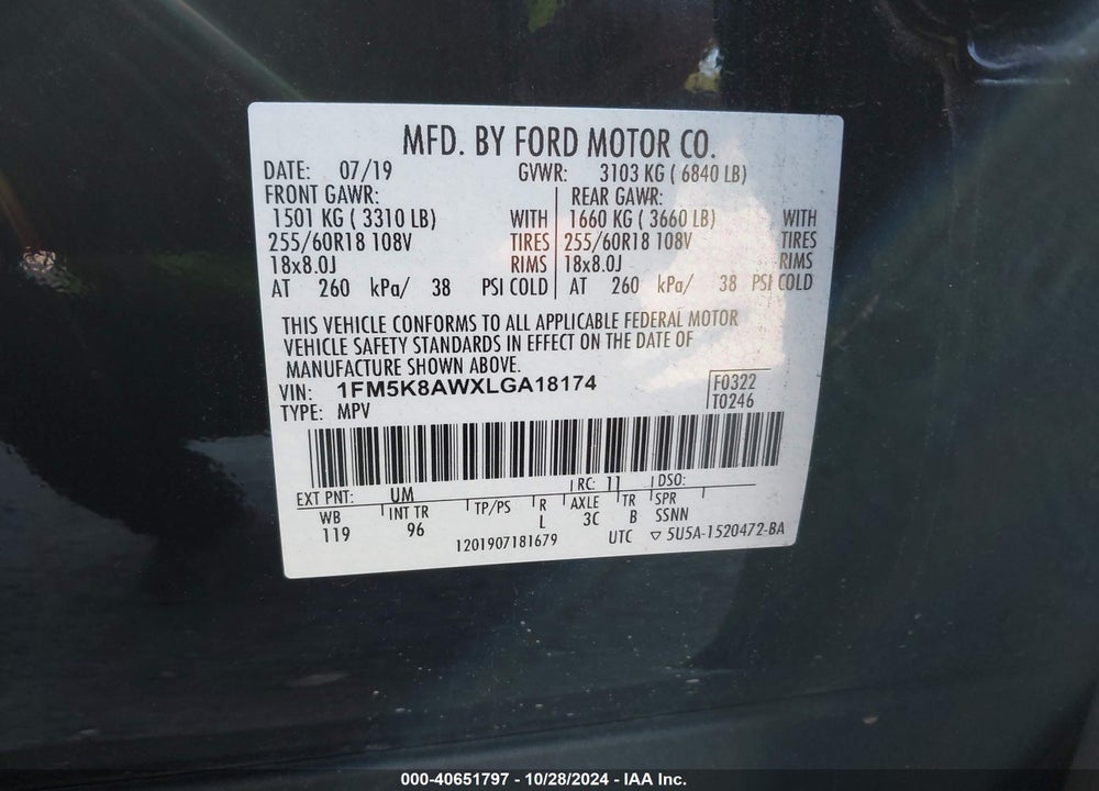 2020 FORD POLICE INTERCEPTOR UTILITY VIN: 1FM5K8AWXLGA18174