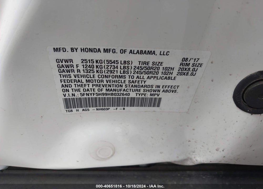 2017 HONDA PILOT TOURING VIN: 5FNYF5H99HB032640