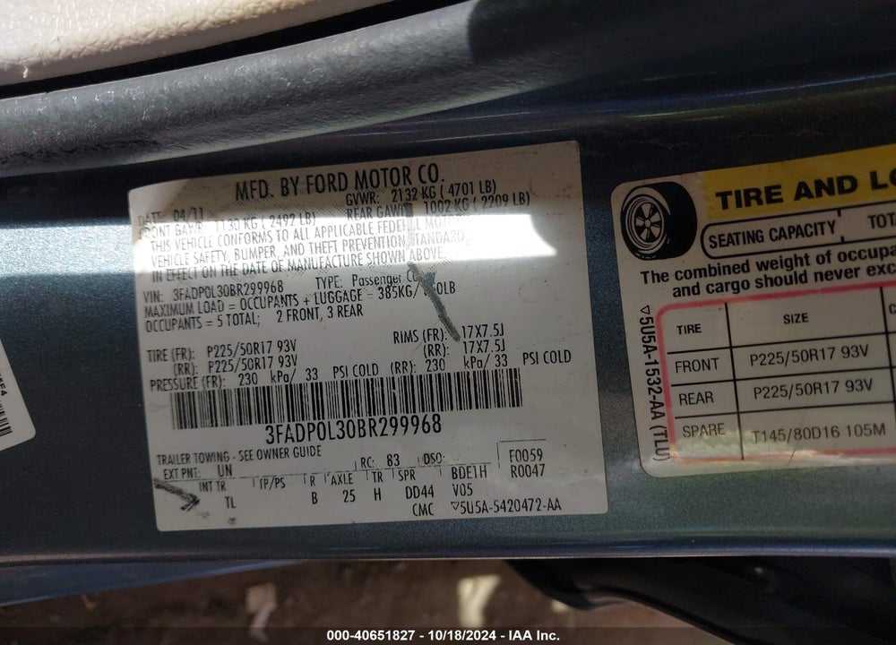 2011 FORD FUSION HYBRID VIN: 3FADP0L30BR299968