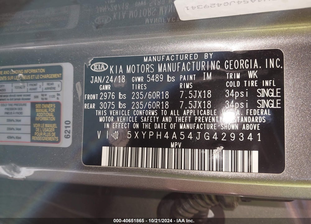2018 KIA SORENTO 3.3L EX VIN: 5XYPH4A54JG429341