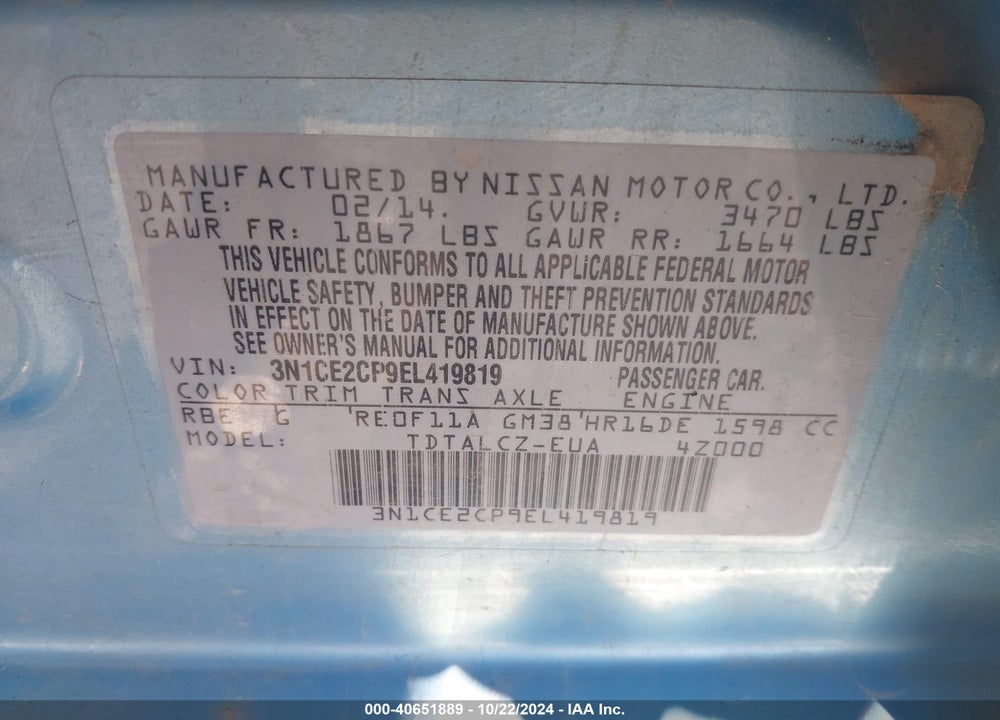 2014 NISSAN VERSA NOTE S PLUS VIN: 3N1CE2CP9EL419819