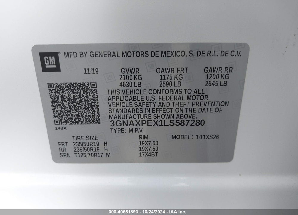 2020 CHEVROLET EQUINOX FWD PREMIER 2.0L TURBO VIN: 3GNAXPEX1LS587280