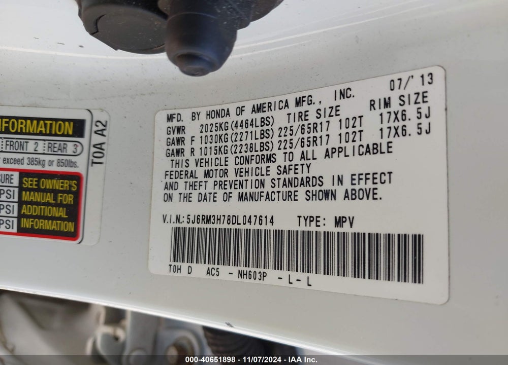2013 HONDA CR-V EX-L VIN: 5J6RM3H78DL047614