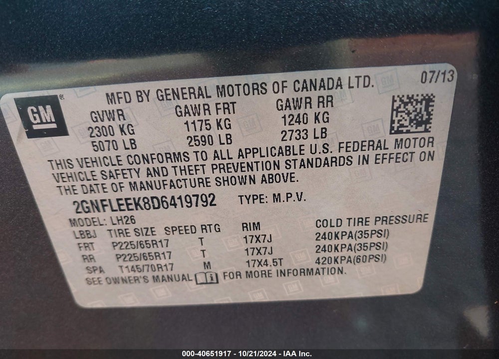 2013 CHEVROLET EQUINOX 1LT VIN: 2GNFLEEK8D6419792