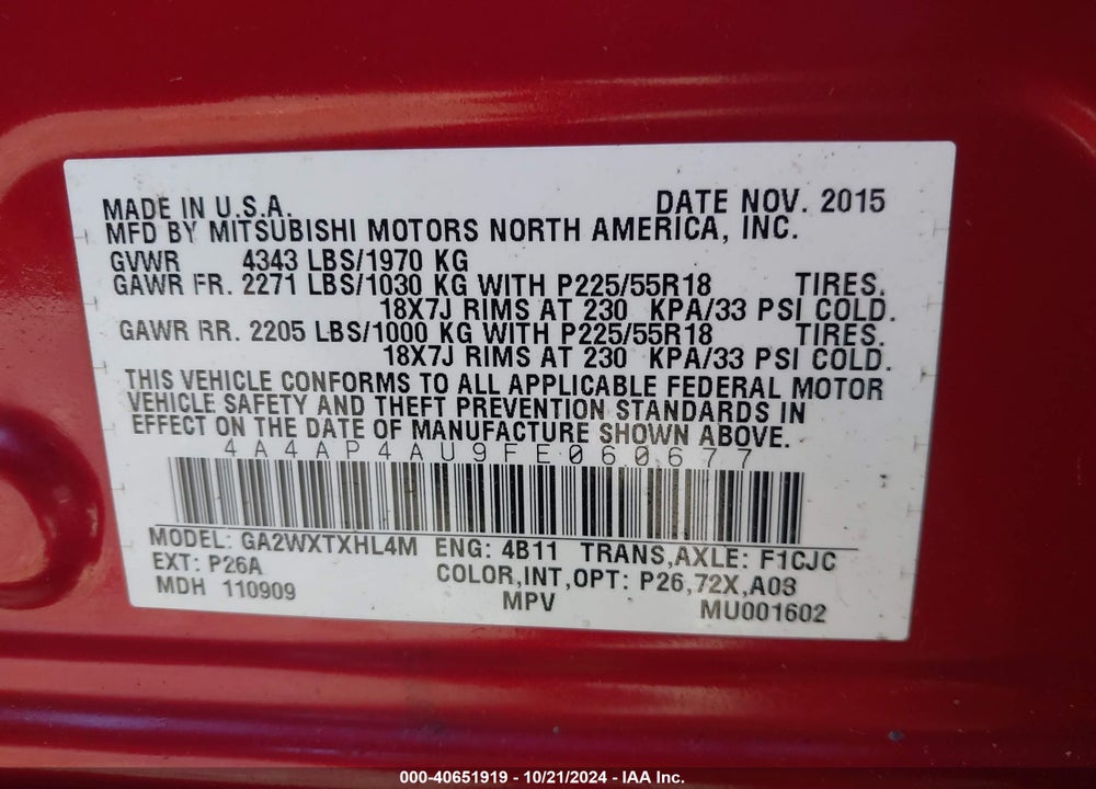 2015 MITSUBISHI OUTLANDER SPORT SE VIN: 4A4AP4AU9FE060677