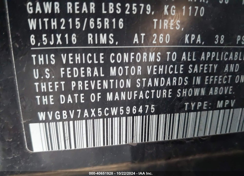 2012 VOLKSWAGEN TIGUAN S VIN: WVGBV7AX5CW596475