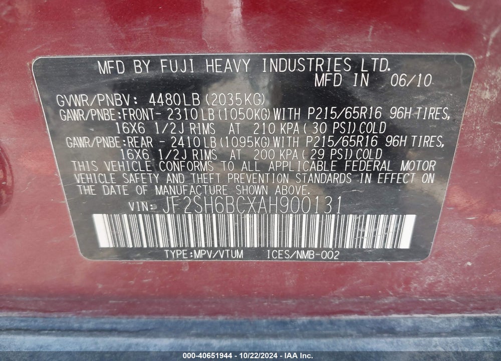 2010 SUBARU FORESTER 2.5X VIN: JF2SH6BCXAH900131