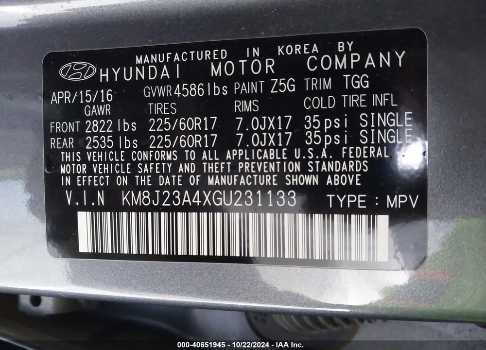 2016 HYUNDAI TUCSON SE VIN: KM8J23A4XGU231133
