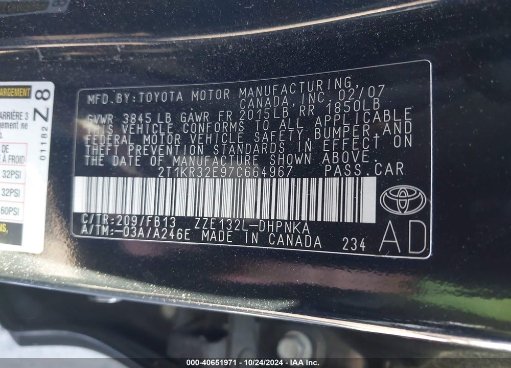 2007 TOYOTA MATRIX VIN: 2T1KR32E97C664967