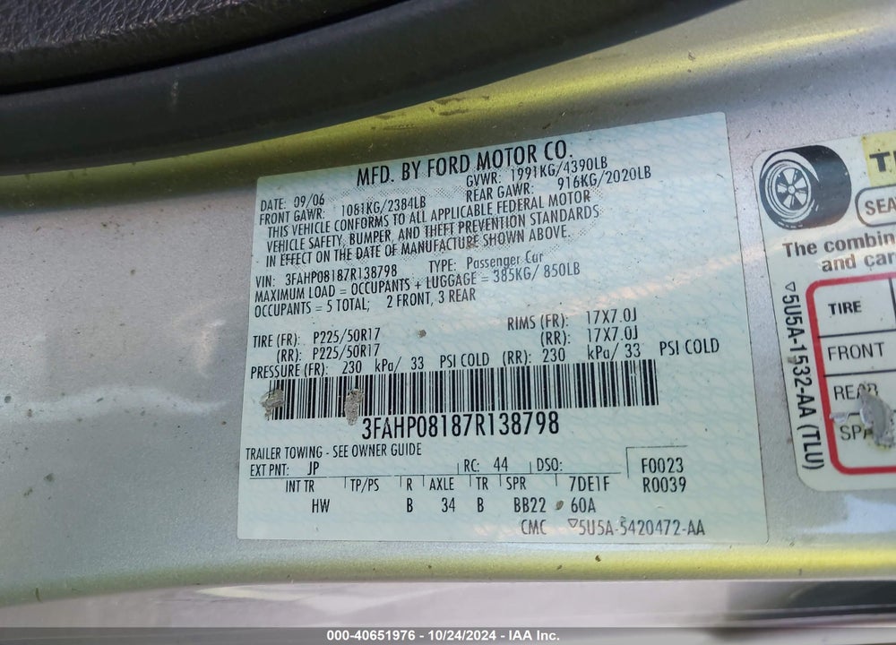 2007 FORD FUSION SEL VIN: 3FAHP08187R138798