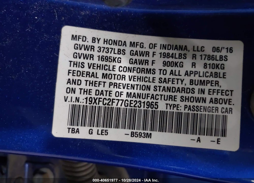 2016 HONDA CIVIC EX VIN: 19XFC2F77GE231965