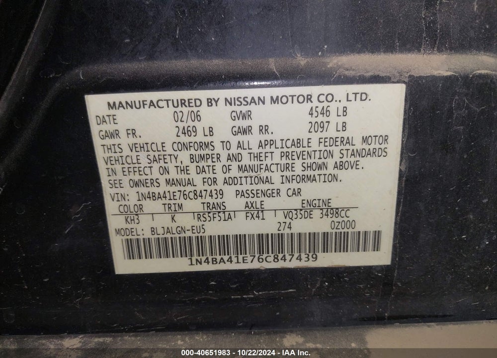 2006 NISSAN MAXIMA 3.5 SL VIN: 1N4BA41E76C847439