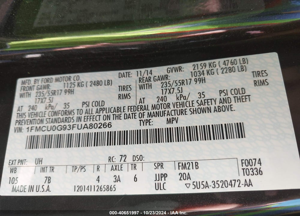 2015 FORD ESCAPE SE VIN: 1FMCU0G93FUA80266