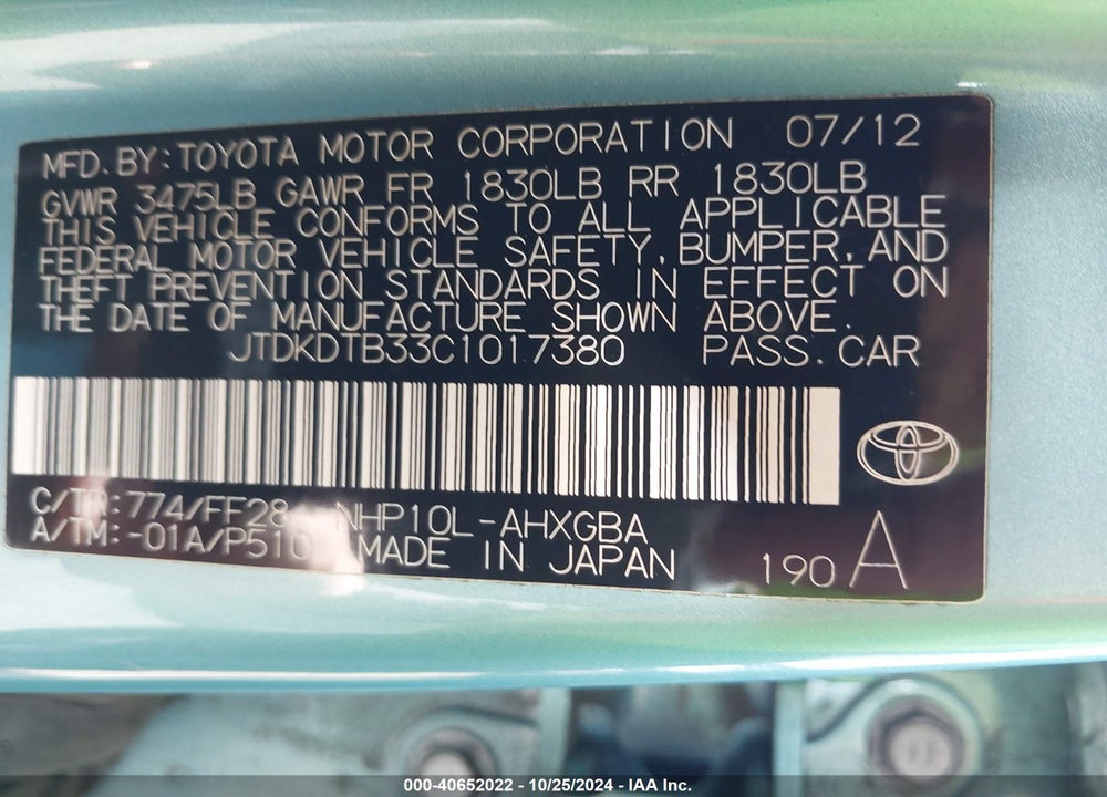 2012 TOYOTA PRIUS C THREE VIN: JTDKDTB33C1017380