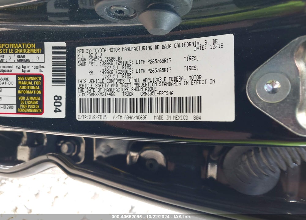 2019 TOYOTA TACOMA TRD SPORT VIN: 3TMCZ5ANXKM214486