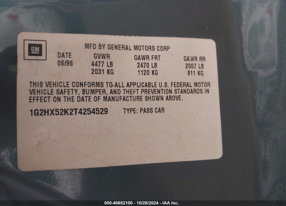 1996 PONTIAC BONNEVILLE SE VIN: 1G2HX52K2T4254529