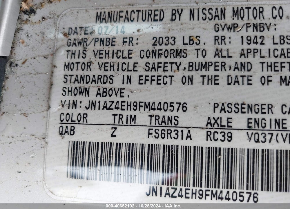 2015 NISSAN 370Z VIN: JN1AZ4EH9FM440576