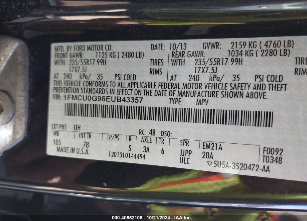 2014 FORD ESCAPE SE VIN: 1FMCU0G96EUB43357