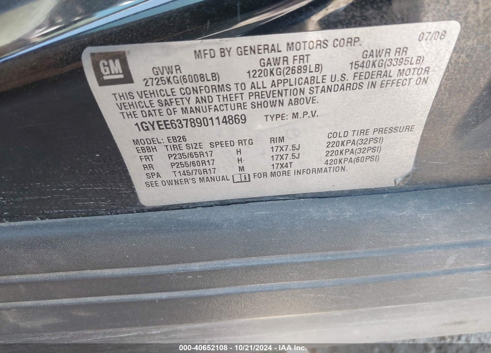 2009 CADILLAC SRX V6 VIN: 1GYEE637890114869