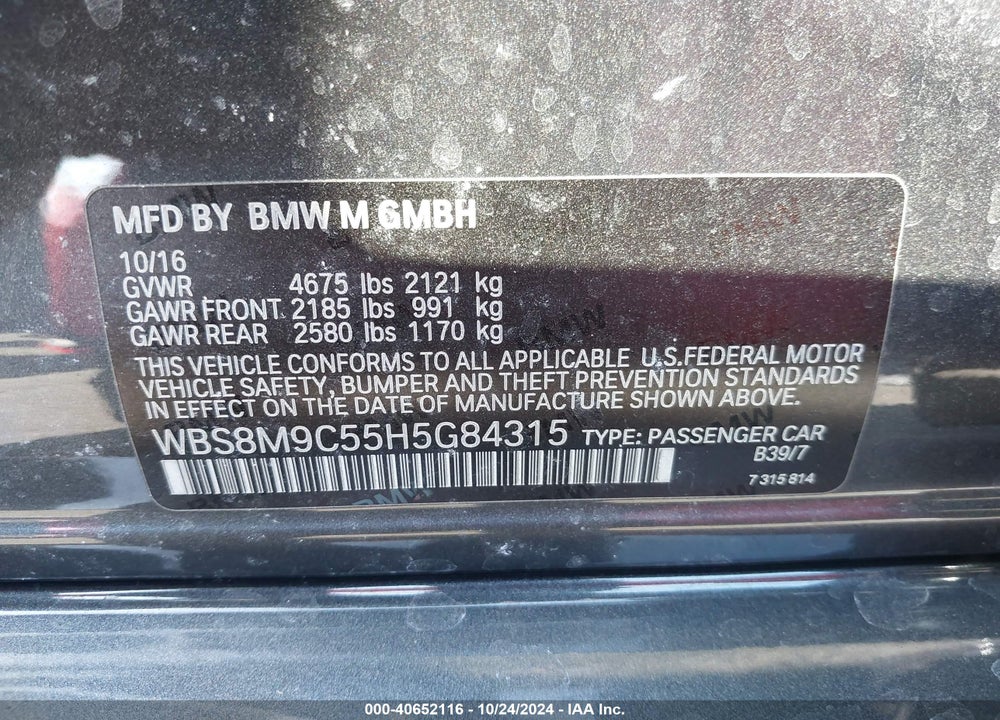 2017 BMW M3 VIN: WBS8M9C55H5G84315