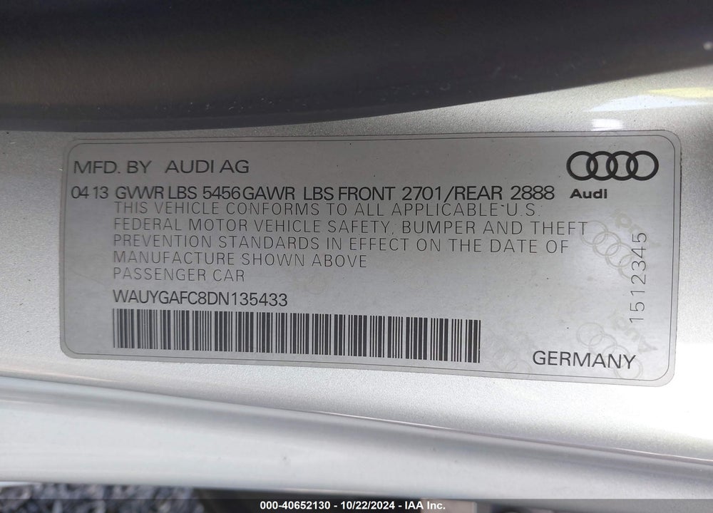 2013 AUDI A7 3.0T PREMIUM VIN: WAUYGAFC8DN135433