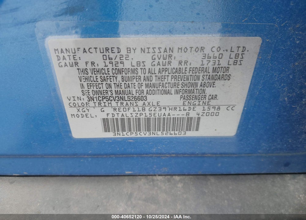 2022 NISSAN KICKS SV XTRONIC CVT VIN: 3N1CP5CV3NL526603