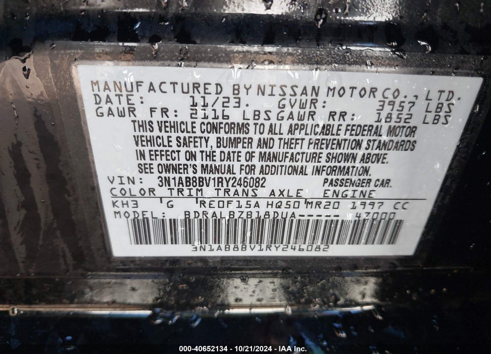 2024 NISSAN SENTRA S XTRONIC CVT VIN: 3N1AB8BV1RY246082