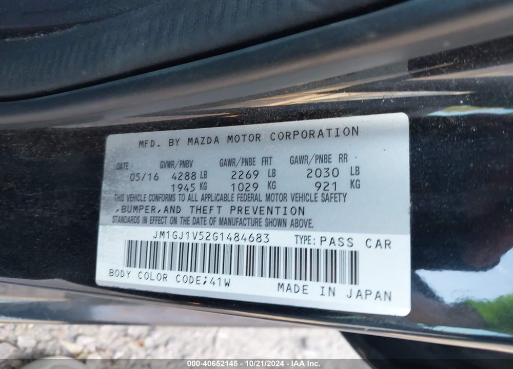 2016 MAZDA 6 I TOURING VIN: JM1GJ1V52G1484683