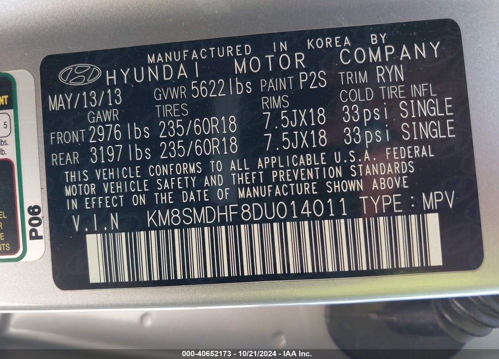 2013 HYUNDAI SANTA FE GLS VIN: KM8SMDHF8DU014011