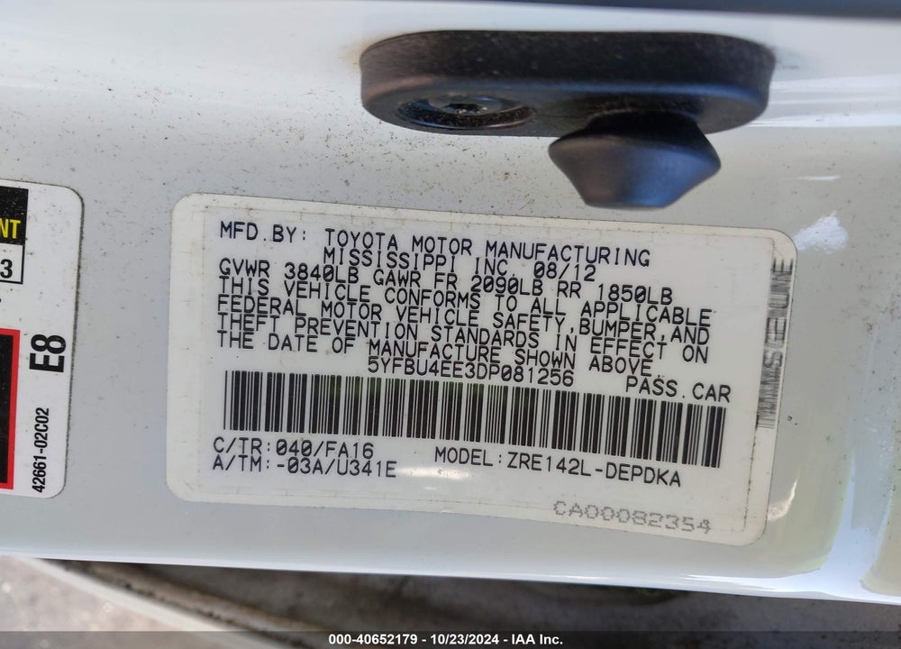 2013 TOYOTA COROLLA L VIN: 5YFBU4EE3DP081256