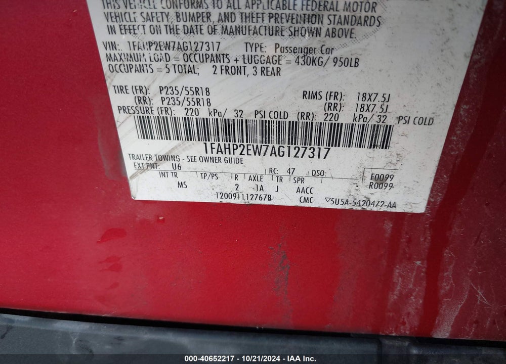 2010 FORD TAURUS SEL VIN: 1FAHP2EW7AG127317
