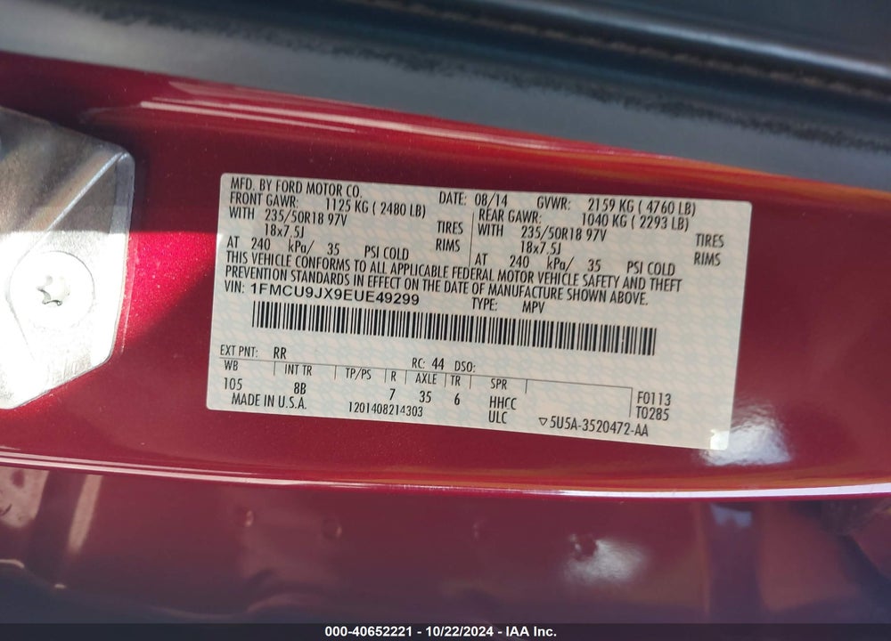 2014 FORD ESCAPE TITANIUM VIN: 1FMCU9JX9EUE49299