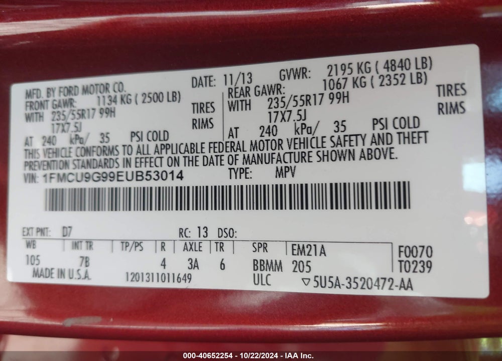 2014 FORD ESCAPE SE VIN: 1FMCU9G99EUB53014