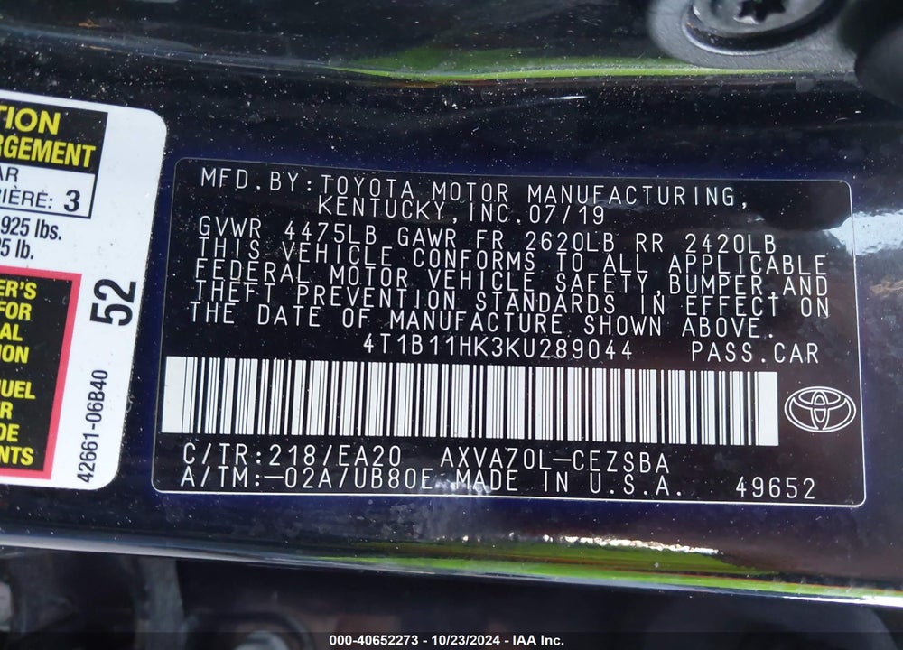 2019 TOYOTA CAMRY SE VIN: 4T1B11HK3KU289044