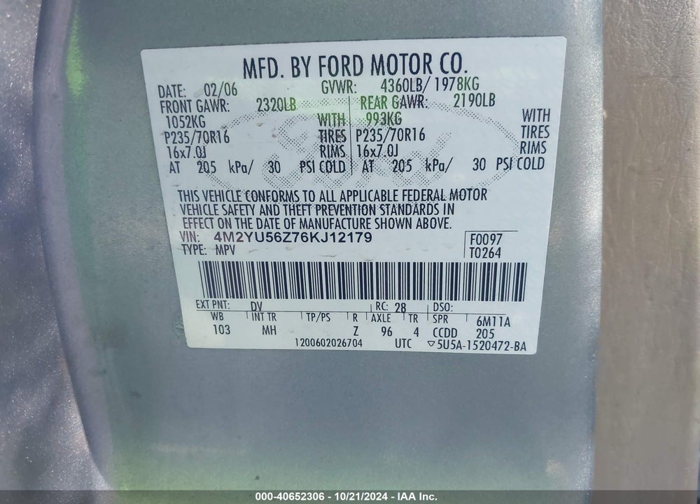 2006 MERCURY MARINER CONVENIENCE VIN: 4M2YU56Z76KJ12179