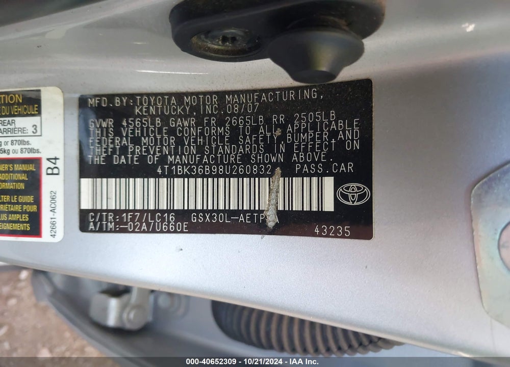 2008 TOYOTA AVALON LIMITED VIN: 4T1BK36B98U260832