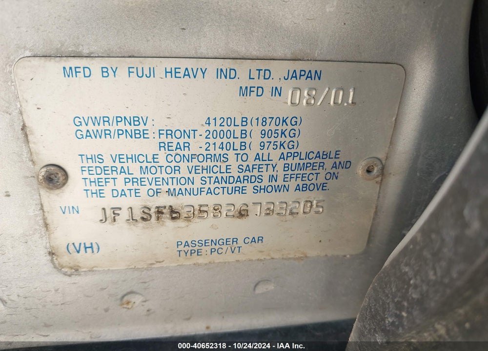 2002 SUBARU FORESTER L VIN: JF1SF63582G733205