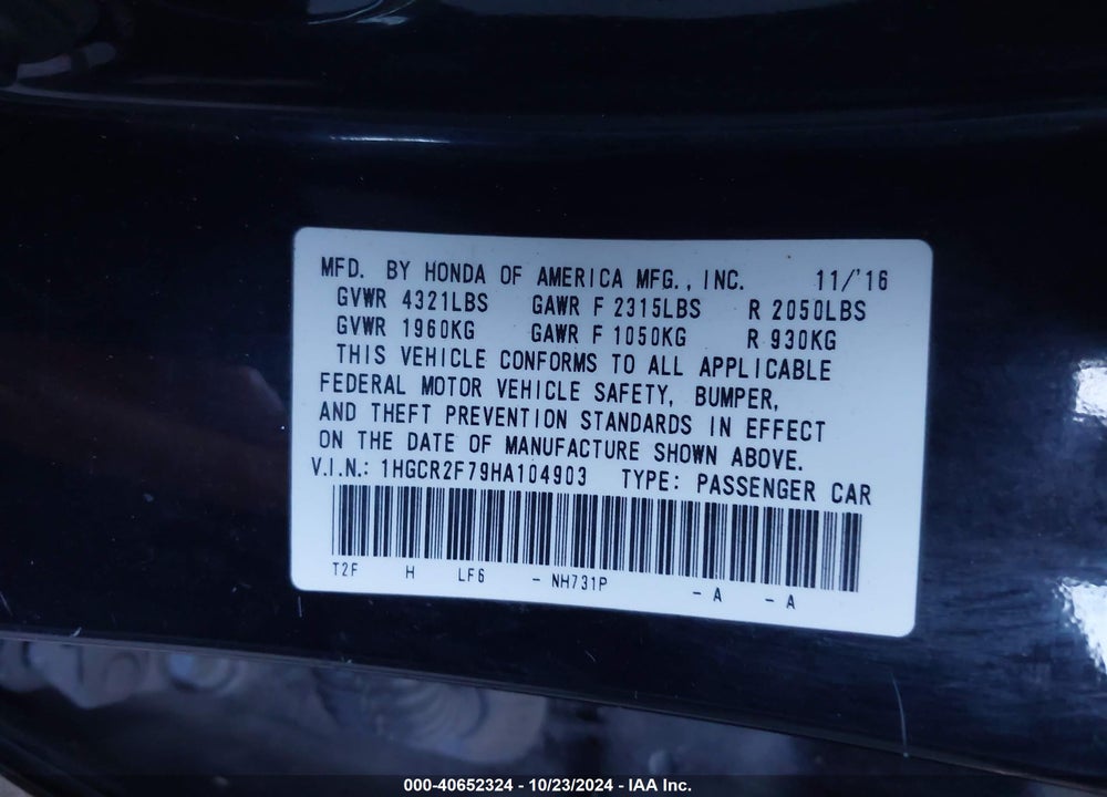 2017 HONDA ACCORD EX VIN: 1HGCR2F79HA104903